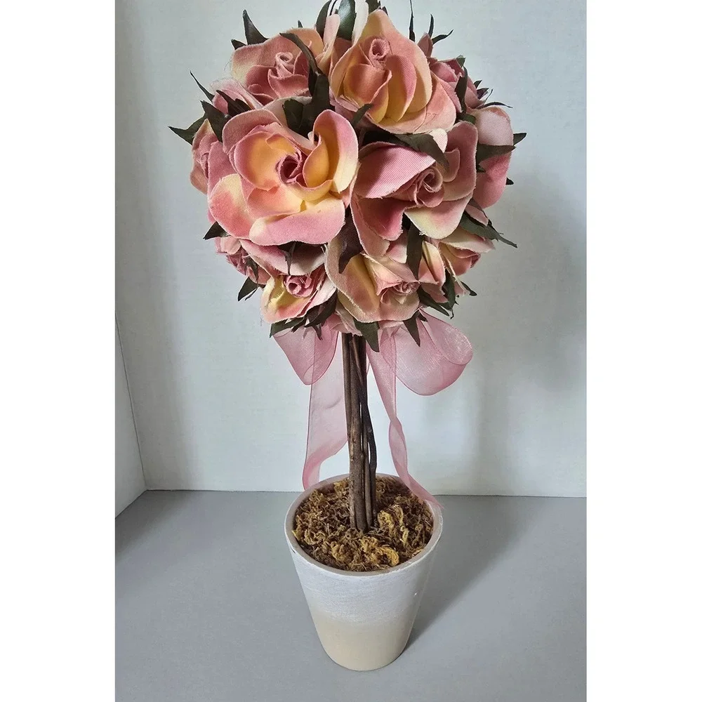 Pink Faux Rose Topiary Arrangement Whitewashed Pot Floral Home Decor 12 Inch